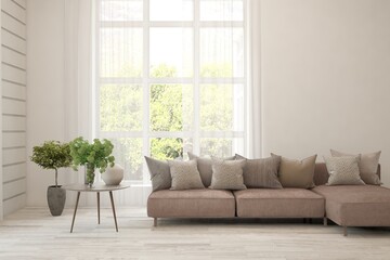 White living room with sofa and summer landscape in window. Scandinavian interior design. 3D illustration