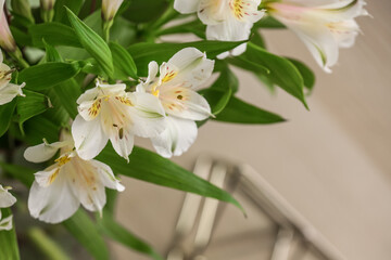 Obraz premium Bouquet of alstroemeria flowers on light background, closeup