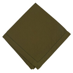 High-quality square napkin. Luxury linens. Rich olive, army green color. Isolated with white...