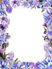 Rectangular frame of spring lilac flowers on a white background. watercolor illustration