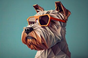 Terrier dog with sunglasses on solid color background, focus on face, vector art, polycount, faceted. Generative AI.