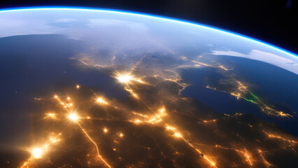 earth planet at night viewed from space with white city lights showing activity, Generative AI