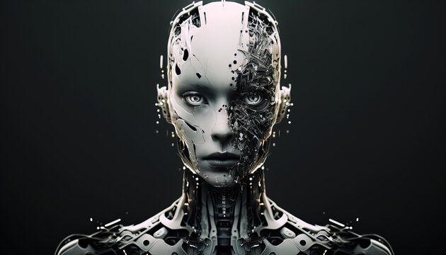 Futuristic AI Android in cinematic lighting, photoreal, realism, porcelan skin created with generative ai technology