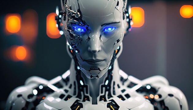 Futuristic AI Android in cinematic lighting, photoreal, realism, porcelan skin created with generative ai technology
