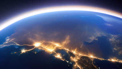 earth planet at night viewed from space with white city lights showing activity, Generative AI