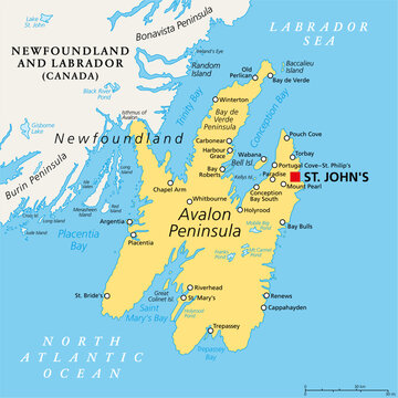 Avalon Peninsula, political map. Southeast portion of island of Newfoundland, off the coast of mainland North America, part of Canadian province of Newfoundland and Labrador, with capital St. John's.