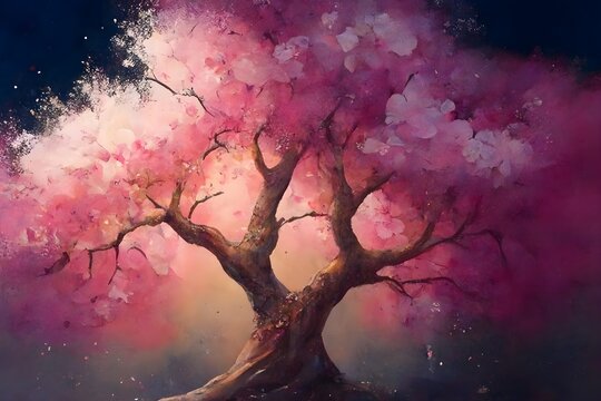 A colorful watercolor illustration of pink cherry blossom tree. Symbolizes beauty, ephemeral nature, cultural identity, and tradition
