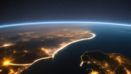 earth planet at night viewed from space with white city lights showing activity, Generative AI