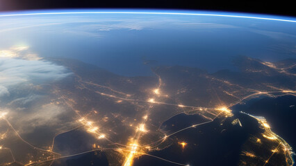 earth planet at night viewed from space with white city lights showing activity, Generative AI