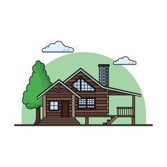 Wooden cabin vector illustration and winter in nature