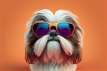 Shih-tzu dog with sunglasses on solid color background, focus on face, vector art, polycount, faceted.