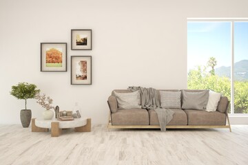 Minimalist living room in white color with sofa and summer landscape in window. Scandinavian interior design. 3D illustration