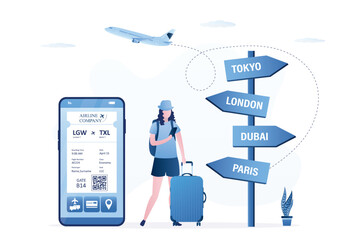 Woman tourist uses mobile phone with online air ticket. Various pointers with travel routes. Passenger girl with baggage. Airplane take off, starting vacation, holiday, travel. vector illustration
