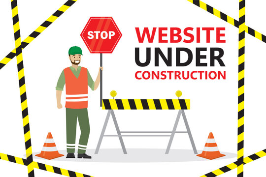 Website under construction. Worker man in uniform holds stop sign, construction area. Yellow and black warning tapes, traffic cones and barrier. Page not found, error 404. Flat vector illustration