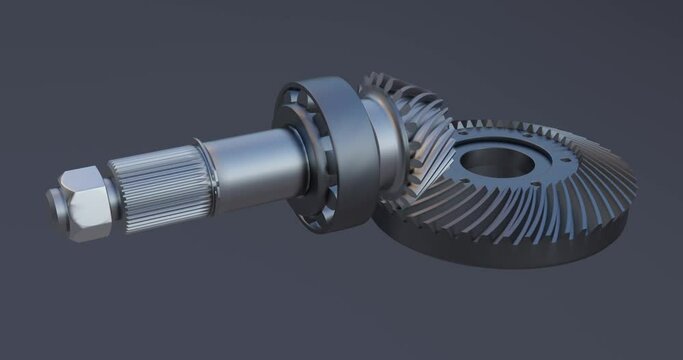 Spiral bevel gear assembly. The pinion meshes nicely with the ring gear.