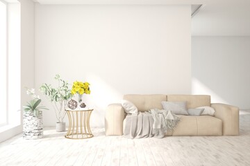 White living room with sofa. Scandinavian interior design. 3D illustration