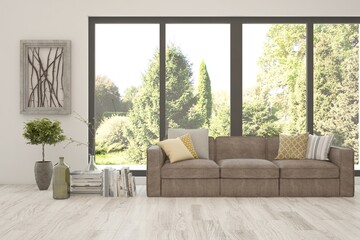 White living room with sofa and summer landscape in window. Scandinavian interior design. 3D illustration