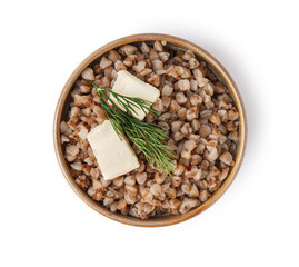 Bowl of tasty buckwheat porridge with butter and dill isolated on white background