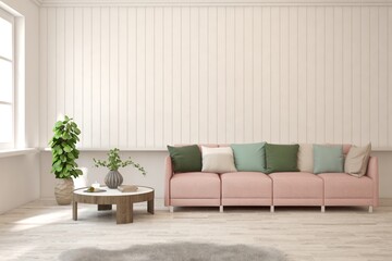 White living room with sofa. Scandinavian interior design. 3D illustration