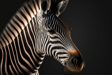 zebra face isolated on black background, African zebra portrait, wildlife animal zoo poster, Africa national park mammal
