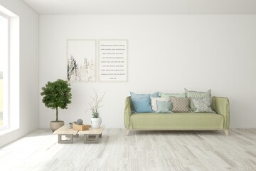 Fototapeta premium White living room with sofa. Scandinavian interior design. 3D illustration