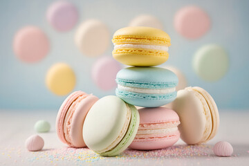 Traditional french macaroon set, pastel colors macaron dessert, sweet tasty cakes - obrazy, fototapety, plakaty