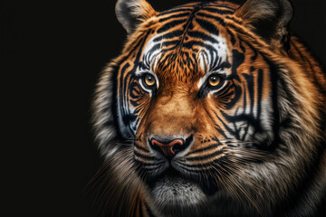 Bengal tiger portrait, big wild cat head isolated on black background, wildlife safari face close up, zoo banner