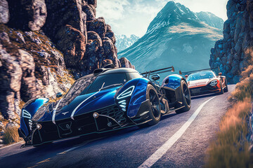 High-performance sports cars on a mountain road, illustration - Generative AI