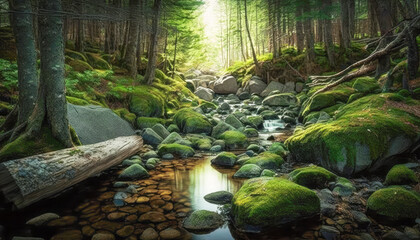 a babbling brook surrounded by tall trees and large rocks, illustration - Generative AI