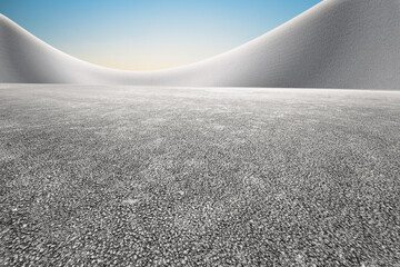Abstract concrete building with wide unmanned asphalt pavement, clean bright sky background.
