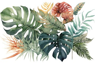 Floral and monstera deliciosa leaves watercolor painting. Generative AI - obrazy, fototapety, plakaty