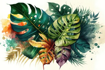 Floral and monstera deliciosa leaves watercolor painting. Generative AI