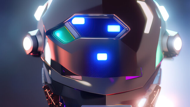 portrait of a cyborg robot head with abstract defocused lights, artificial intelligence, new technologies, Generative AI