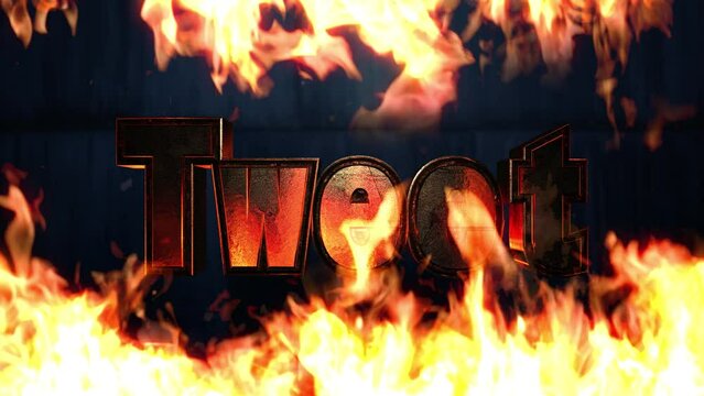 燃える上下の薪の炎のスローモーション背景に金属の文字でTweet　火・炎・炎上・SNS炎上のイメージ