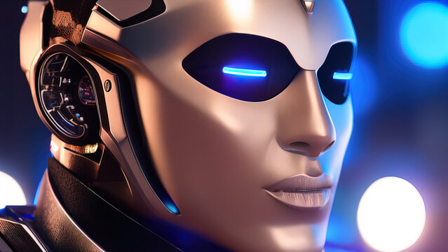 portrait of a cyborg robot head with abstract defocused lights, artificial intelligence, new technologies, Generative AI