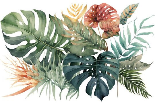 Floral And Monstera Deliciosa Leaves Watercolor Painting. Generative AI