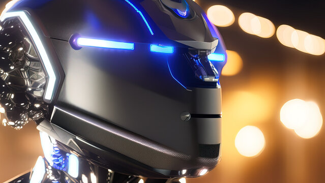 portrait of a cyborg robot head with abstract defocused lights, artificial intelligence, new technologies, Generative AI