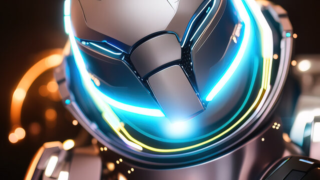 portrait of a cyborg robot head with abstract defocused lights, artificial intelligence, new technologies, Generative AI