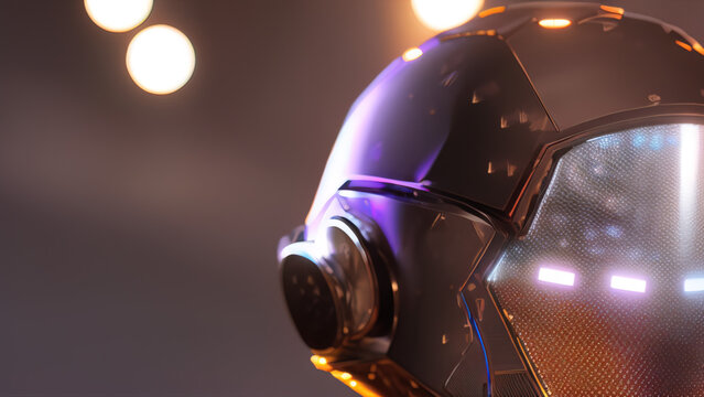 portrait of a cyborg robot head with abstract defocused lights, artificial intelligence, new technologies, Generative AI