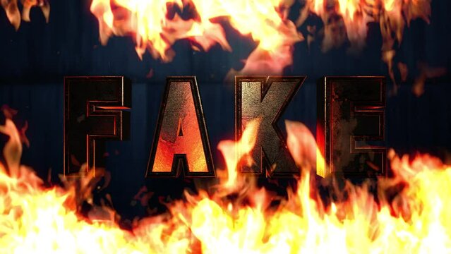 燃える上下の薪の炎のスローモーション背景に金属の文字でFAKE　火・炎・炎上・SNS炎上のイメージ