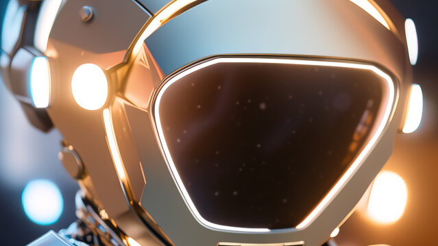 portrait of a cyborg robot head with abstract defocused lights, artificial intelligence, new technologies, Generative AI