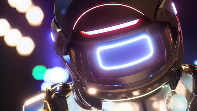portrait of a cyborg robot head with abstract defocused lights, artificial intelligence, new technologies, Generative AI