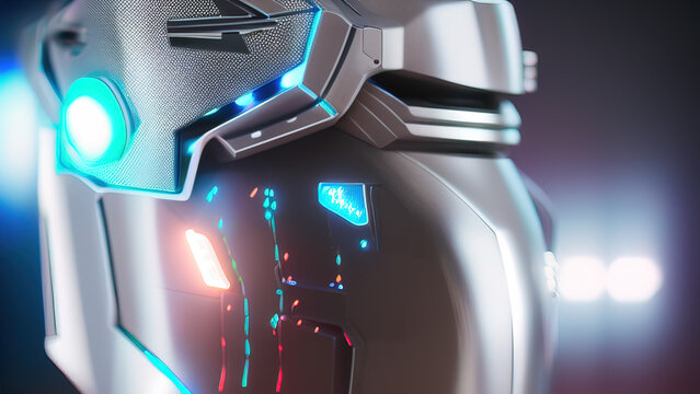portrait of a cyborg robot head with abstract defocused lights, artificial intelligence, new technologies, Generative AI