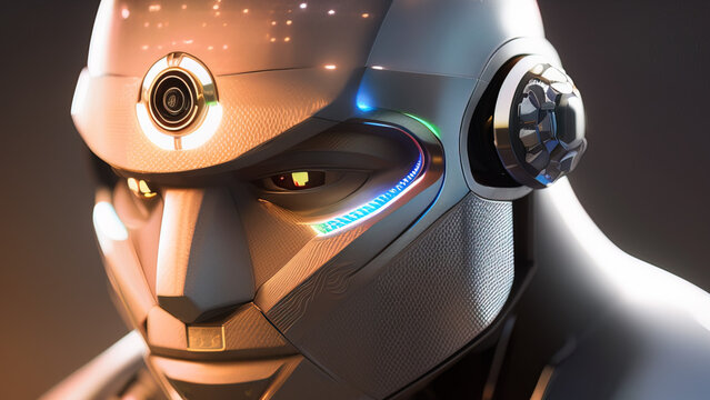 portrait of a cyborg robot head with abstract defocused lights, artificial intelligence, new technologies, Generative AI