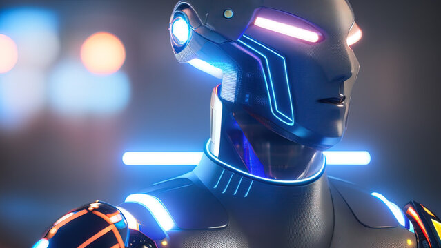 portrait of a cyborg robot head with abstract defocused lights, artificial intelligence, new technologies, Generative AI