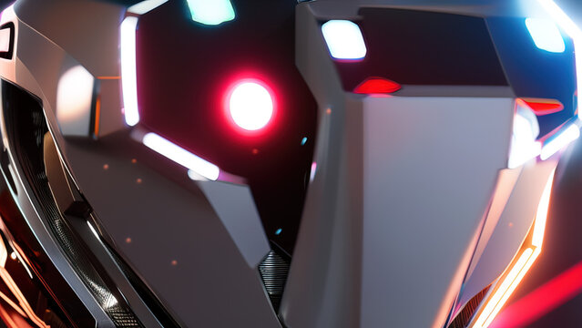 portrait of a cyborg robot head with abstract defocused lights, artificial intelligence, new technologies, Generative AI