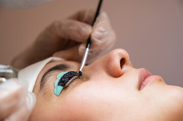 Close-up portrait of a woman on eyelash lamination procedure. The master applies tint to the...