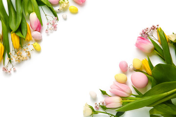 Composition with beautiful flowers and Easter eggs isolated on white background
