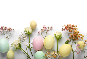 Composition with painted Easter eggs and flowers on white background, closeup