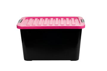 Black plastic storage box and pink lid.